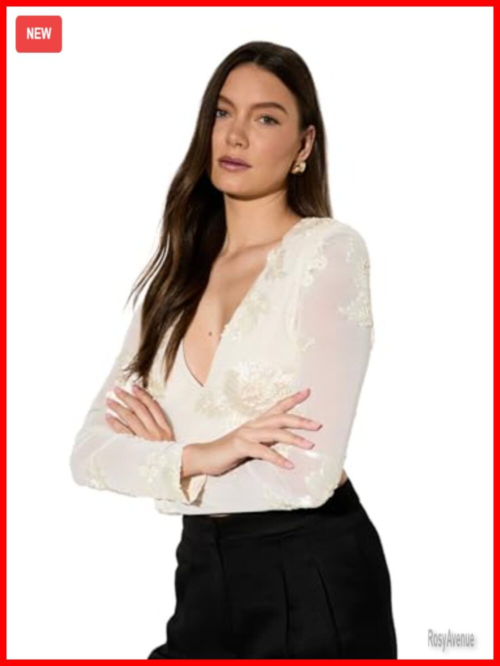 Textured Floral Mesh Top Deep V-Neck Long Sleeve Cropped